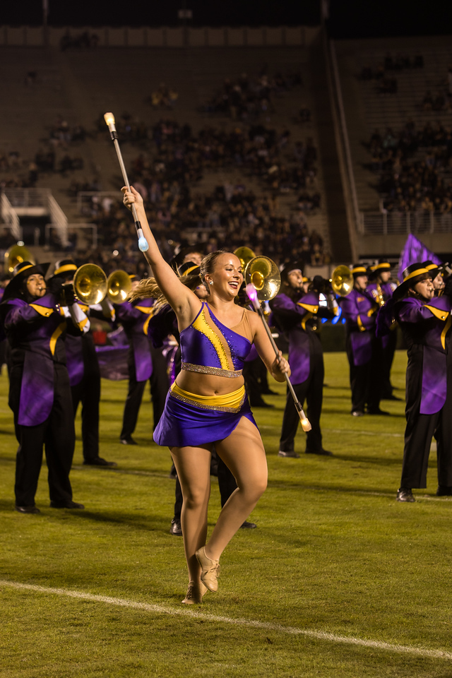 East Carolina University Feature Twirler Kasey Rogers performs during a halftime show with the ECU Marching Pirates